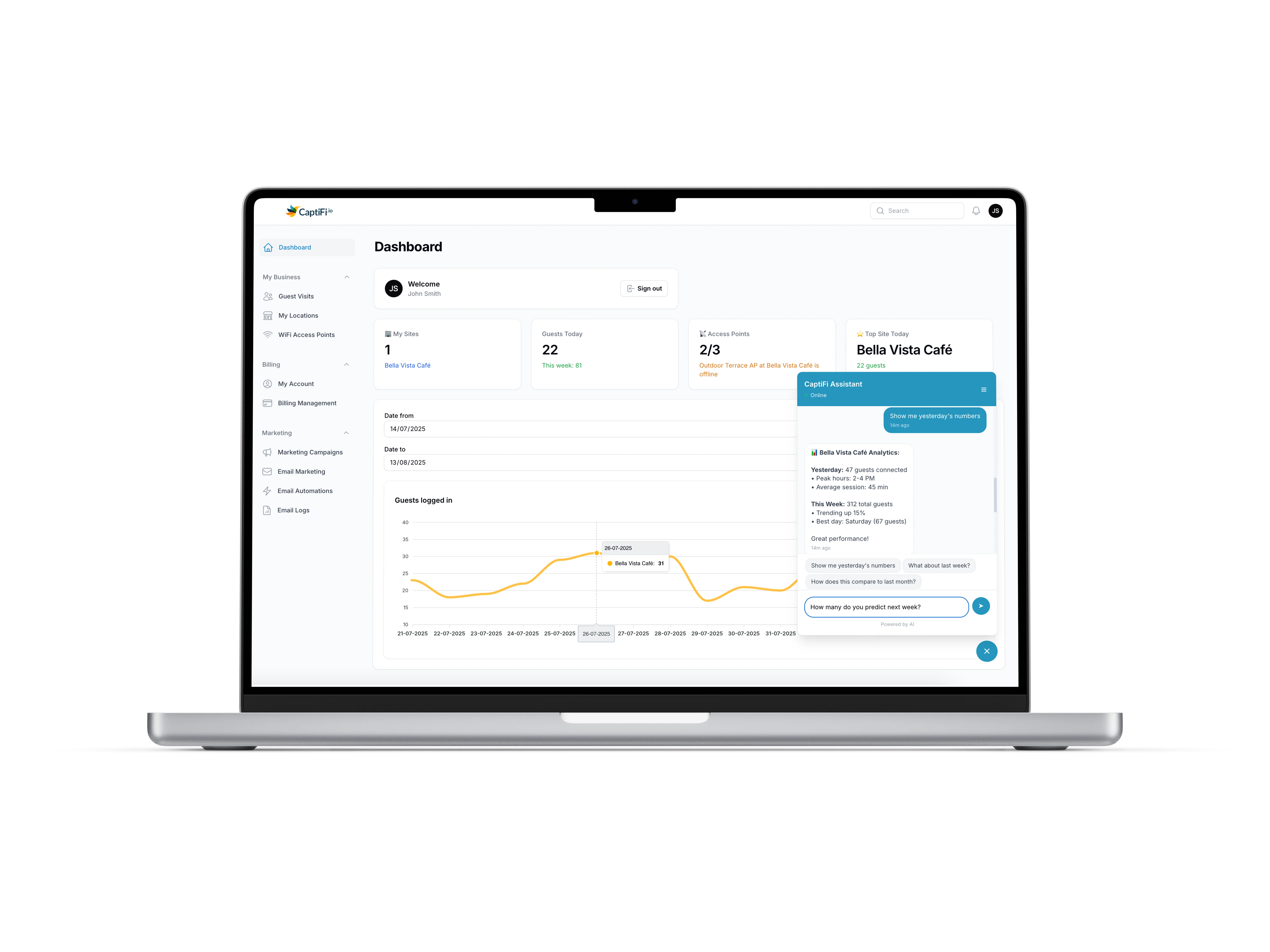 CaptiFi WiFi Analytics Software Interface - Multi-Venue Dashboard