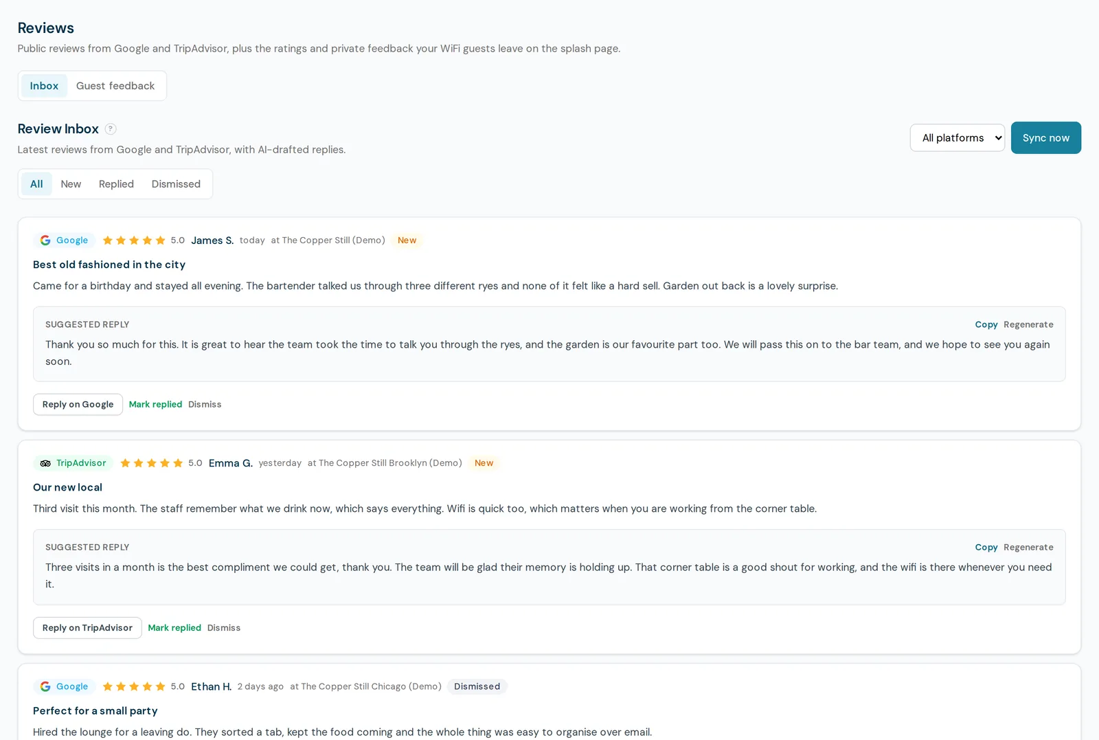 CaptiFi review inbox showing Google and TripAdvisor reviews across three venues, each with a suggested AI-drafted reply and Copy, Reply and Dismiss actions