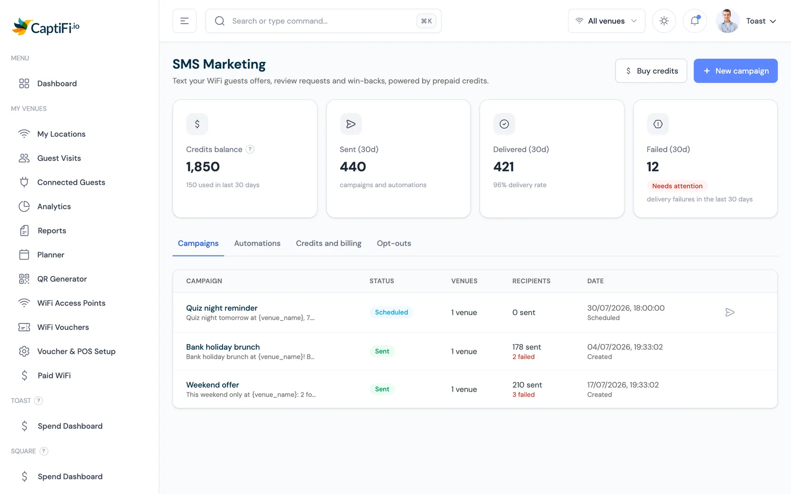 CaptiFi SMS Marketing dashboard showing campaign history, delivery stats and credit balance