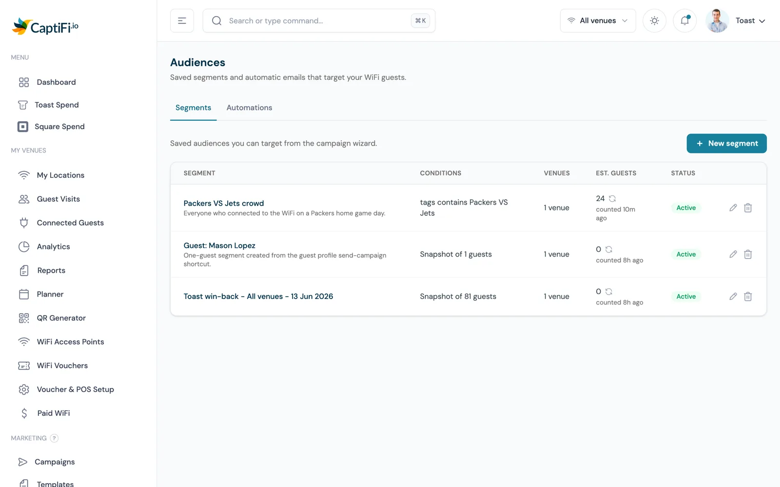 CaptiFi audiences list showing a segment built from a guest tag with a live count of matching guests