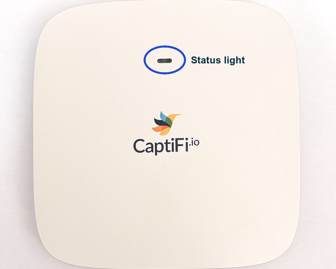 The CaptiFi WiFi access point, with the status light on the front edge circled