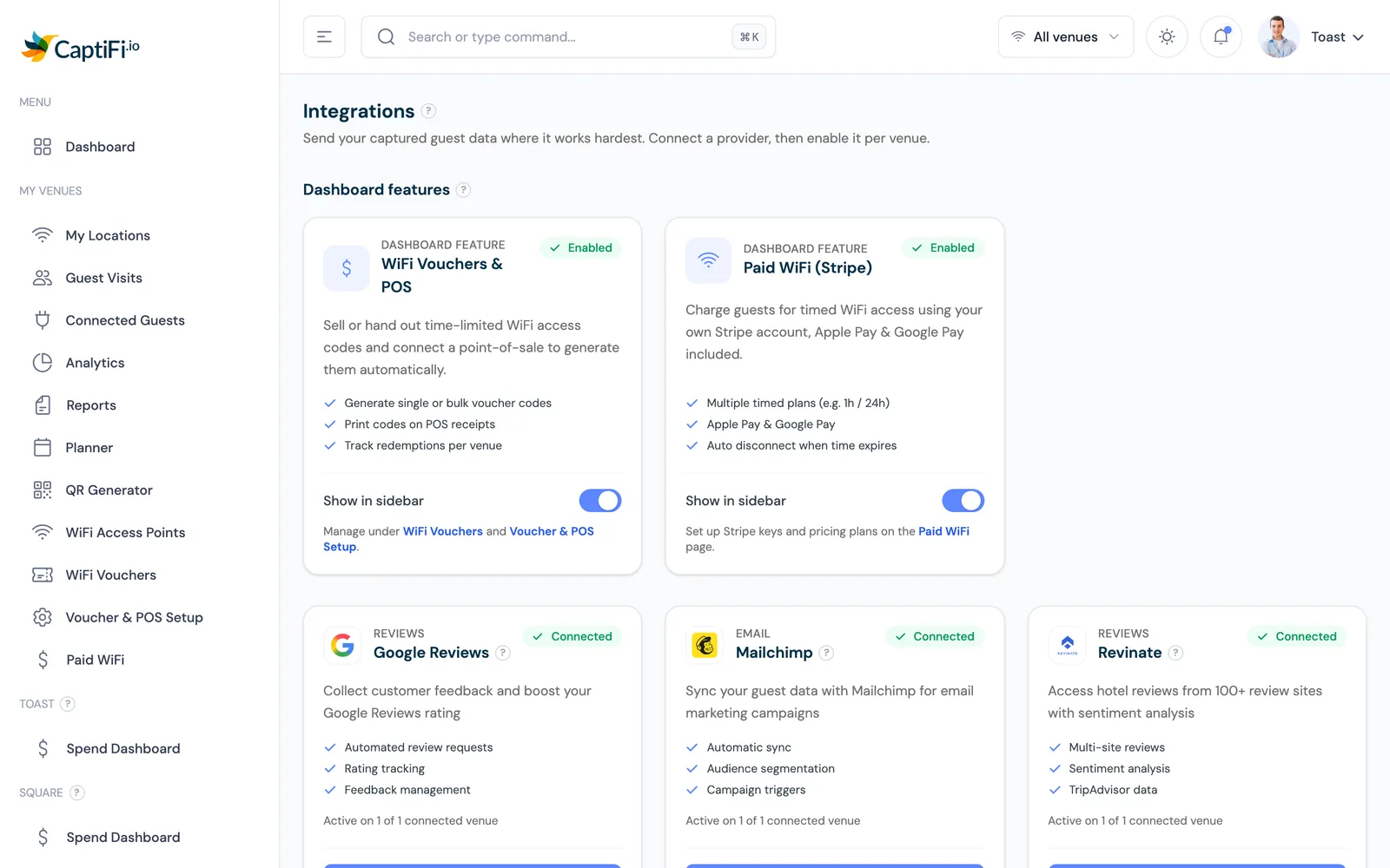 The Integrations page in the CaptiFi dashboard with the Klaviyo card connected