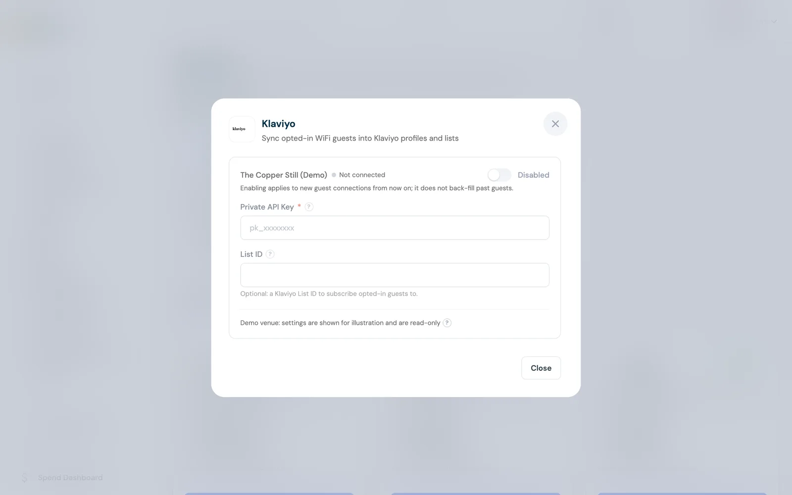Klaviyo connection modal in the CaptiFi dashboard asking for a Private API Key and optional List ID