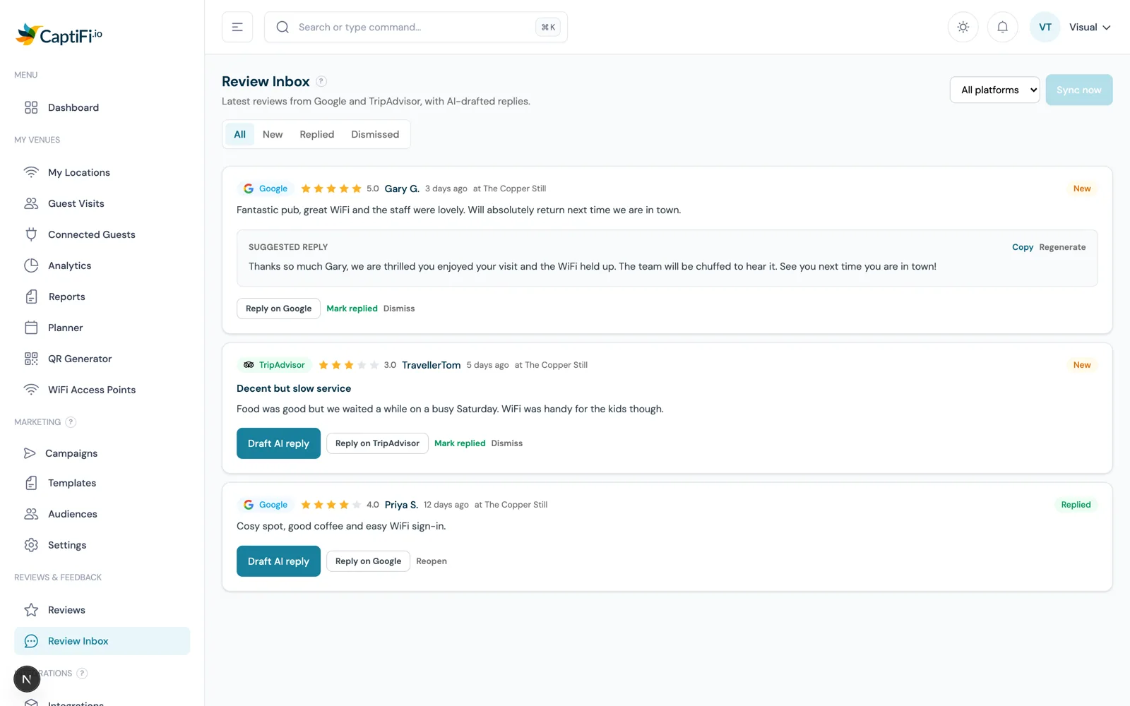The Review Inbox in the CaptiFi dashboard showing reviews with platform logos and an AI-drafted reply suggestion