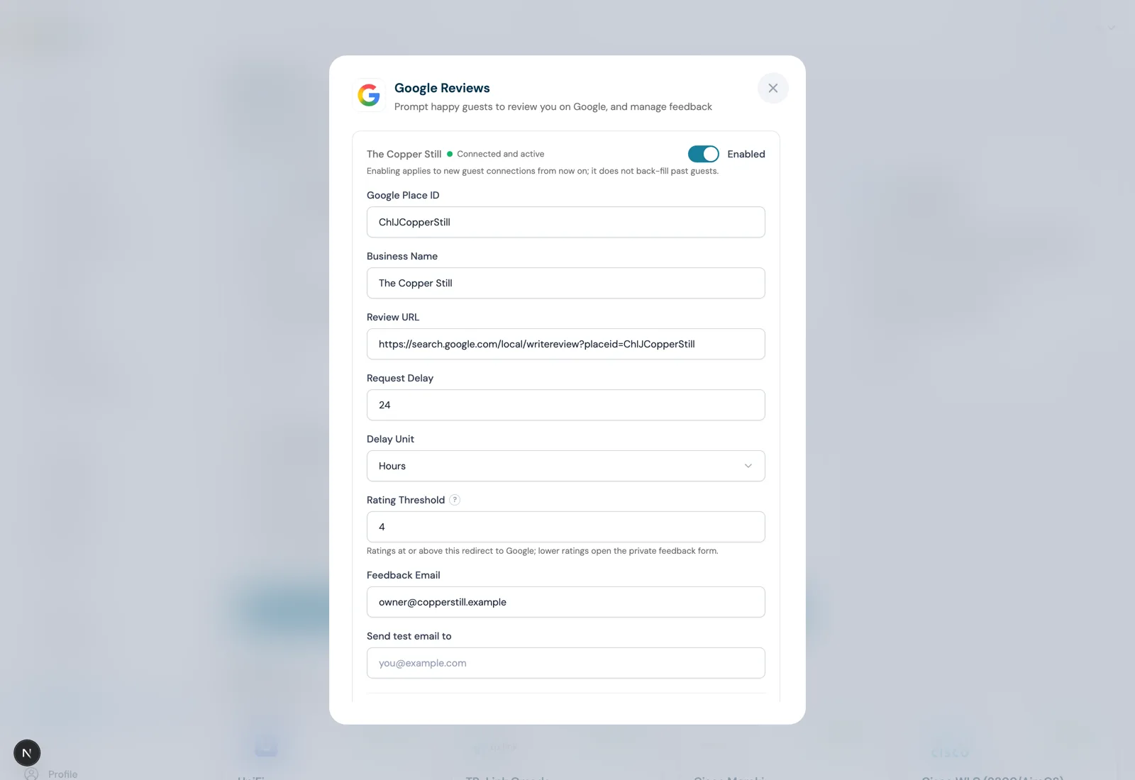 Google Reviews settings in the CaptiFi dashboard with place lookup, Ask after and Minimum stars for a public review