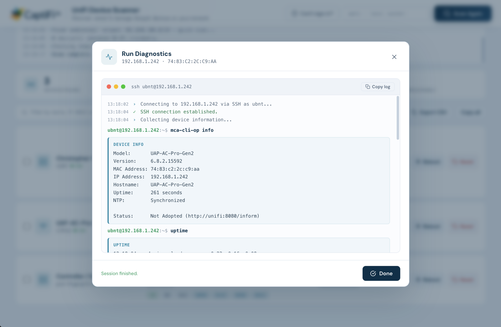 Live SSH diagnostics terminal
